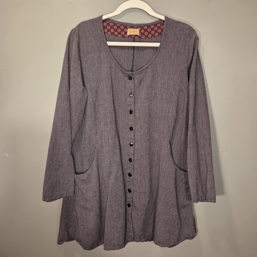 Tulip Button Down Tunic Top Stripes 100% Cotton Boho, Women's Size L, Gray Black